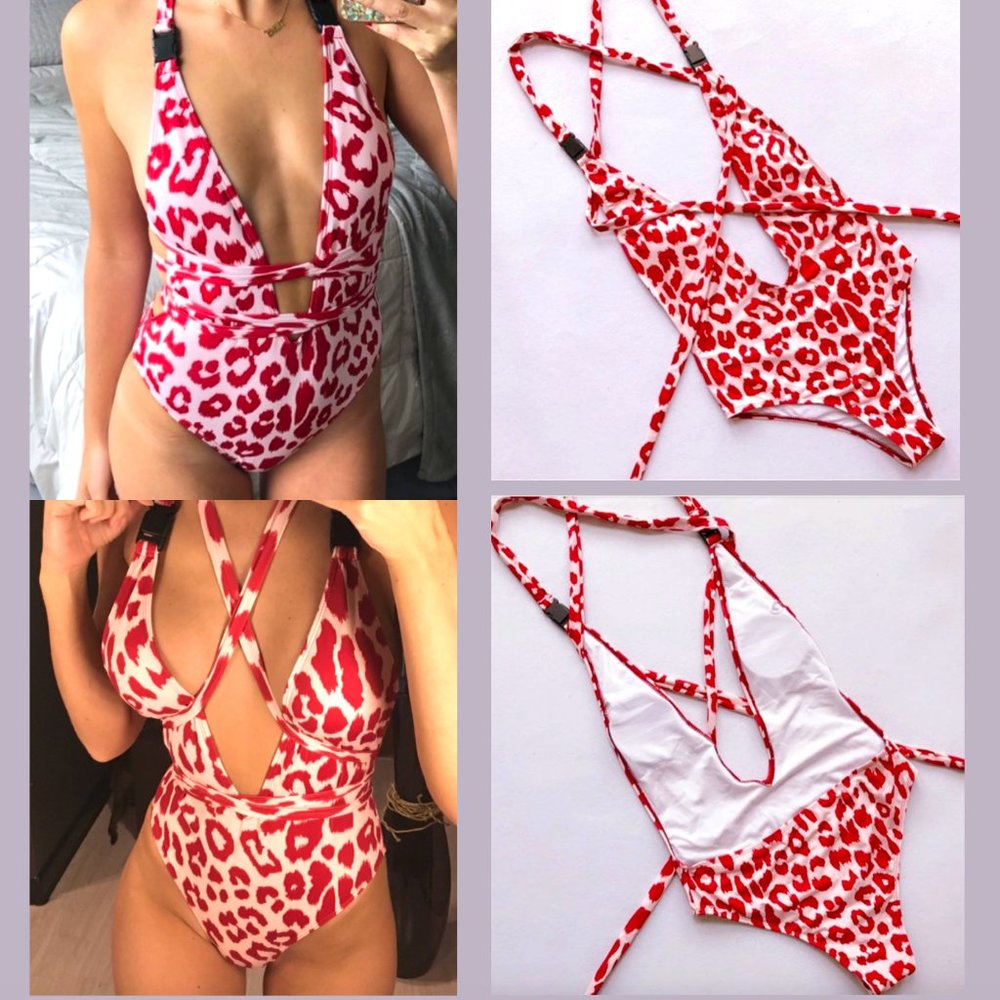💋🌸La Farrah Sexy Leopard Deep V Swimsuit in Pink